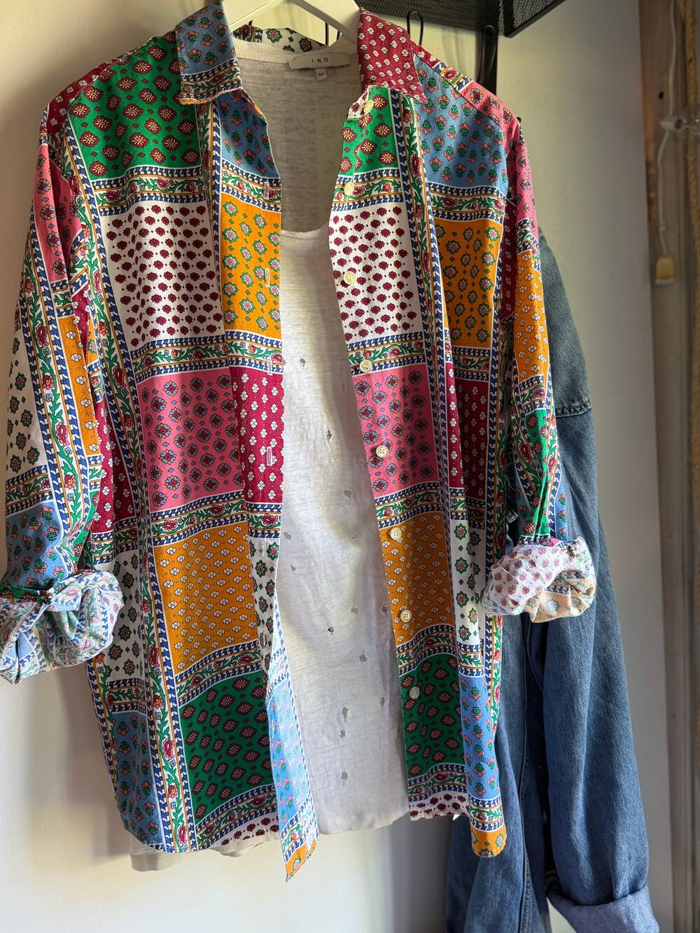 Sarah Chapman Patchwork Print Button Front Shirt Size Large Made in USA